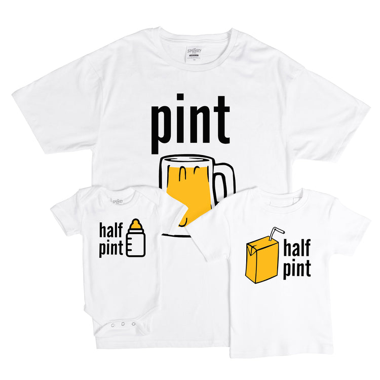 pint and half pint daddy & me matching funny fathers day gift idea baby onesie toddler father son daughter beer shirt set