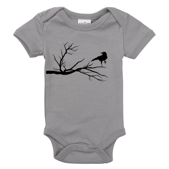raven on a branch organic cotton minimalist halloween baby onesie toddler shirt inspired by the edgar allen poe poem