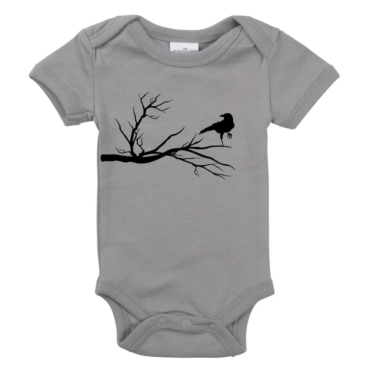 raven on a branch organic cotton minimalist halloween baby onesie toddler shirt inspired by the edgar allen poe poem