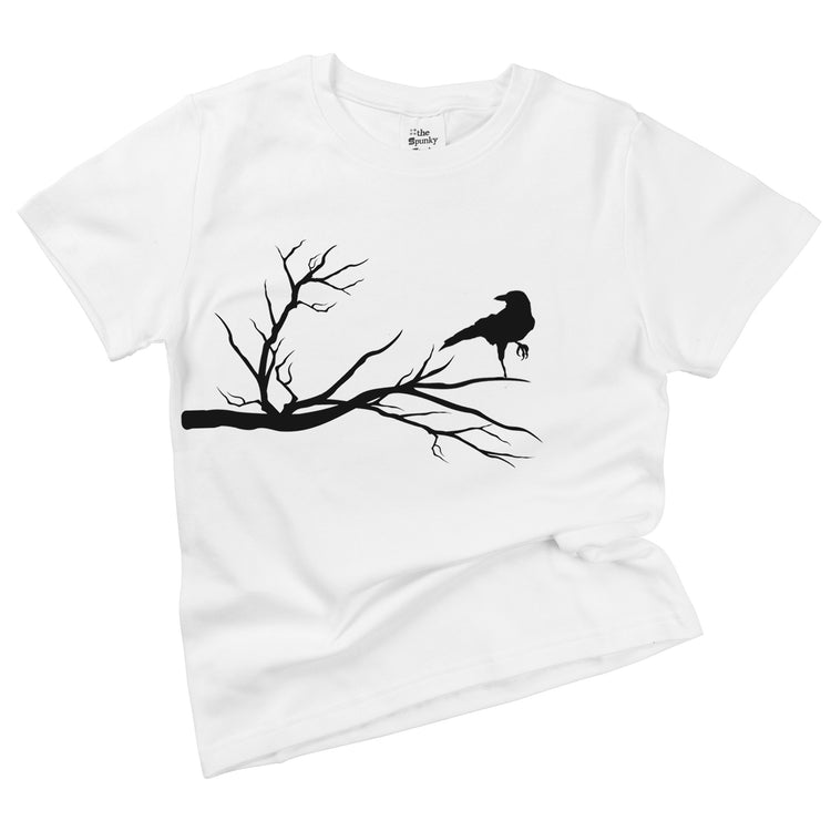 raven on a branch organic cotton minimalist halloween baby onesie toddler shirt inspired by the edgar allen poe poem