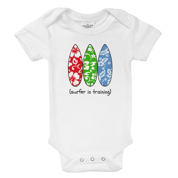 surfer in training organic cotton surfboard baby onesie toddler shirt