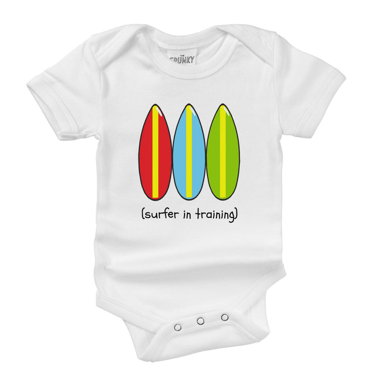 surfer in training organic cotton surfboard baby onesie toddler shirt