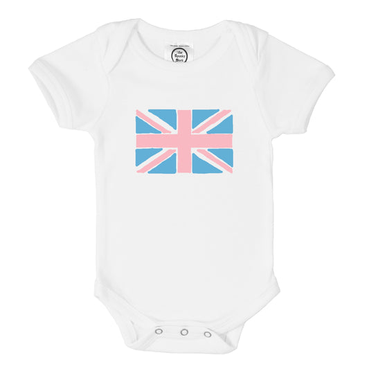 pink and blue union jack flag organic cotton baby onesie toddler shirt