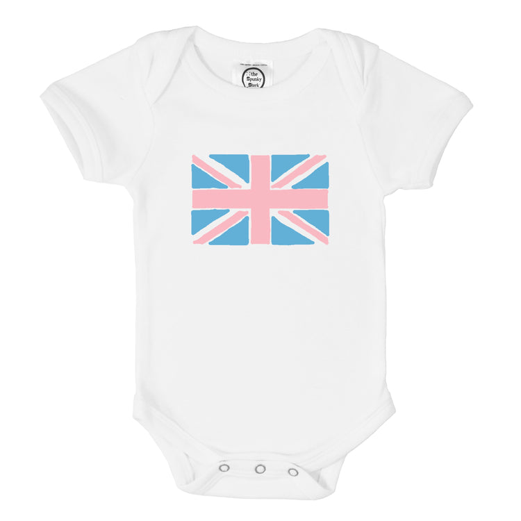 pink and blue union jack flag organic cotton baby onesie toddler shirt