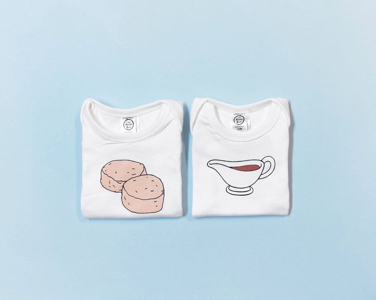biscuits & gravy country breakfast funny cute unisex baby girl boy onesie food foodie twin set newborn shower gift