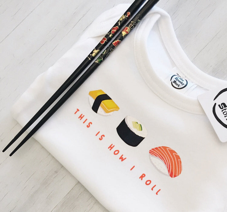 this is how i roll sushi nigiri organic cotton funny baby onesie toddler shirt