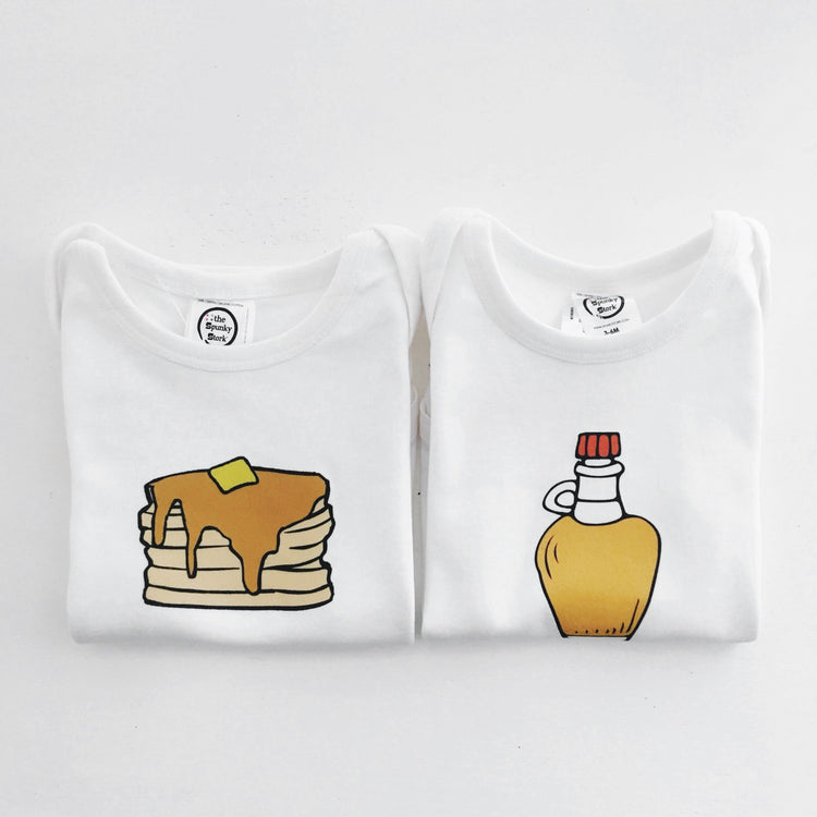 Pancakes & Syrup Organic Cotton Baby Onesie Toddler T-Shirt Matching Twin Siblings Set