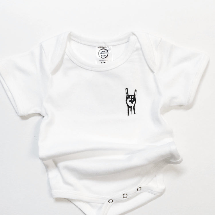 rock on devil horns hand gesture organic cotton heavy metal baby onesie toddler shirt