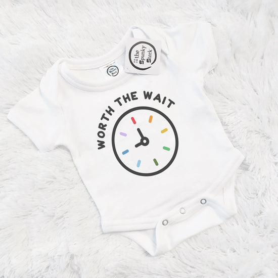 worth the wait rainbow baby organic cotton little miracle clock onesie