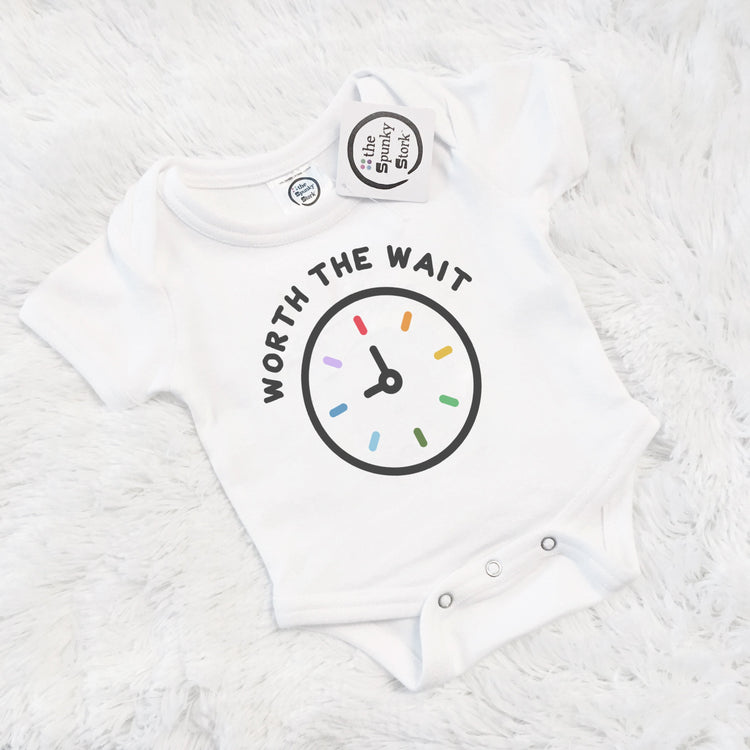 worth the wait rainbow baby organic cotton little miracle clock onesie