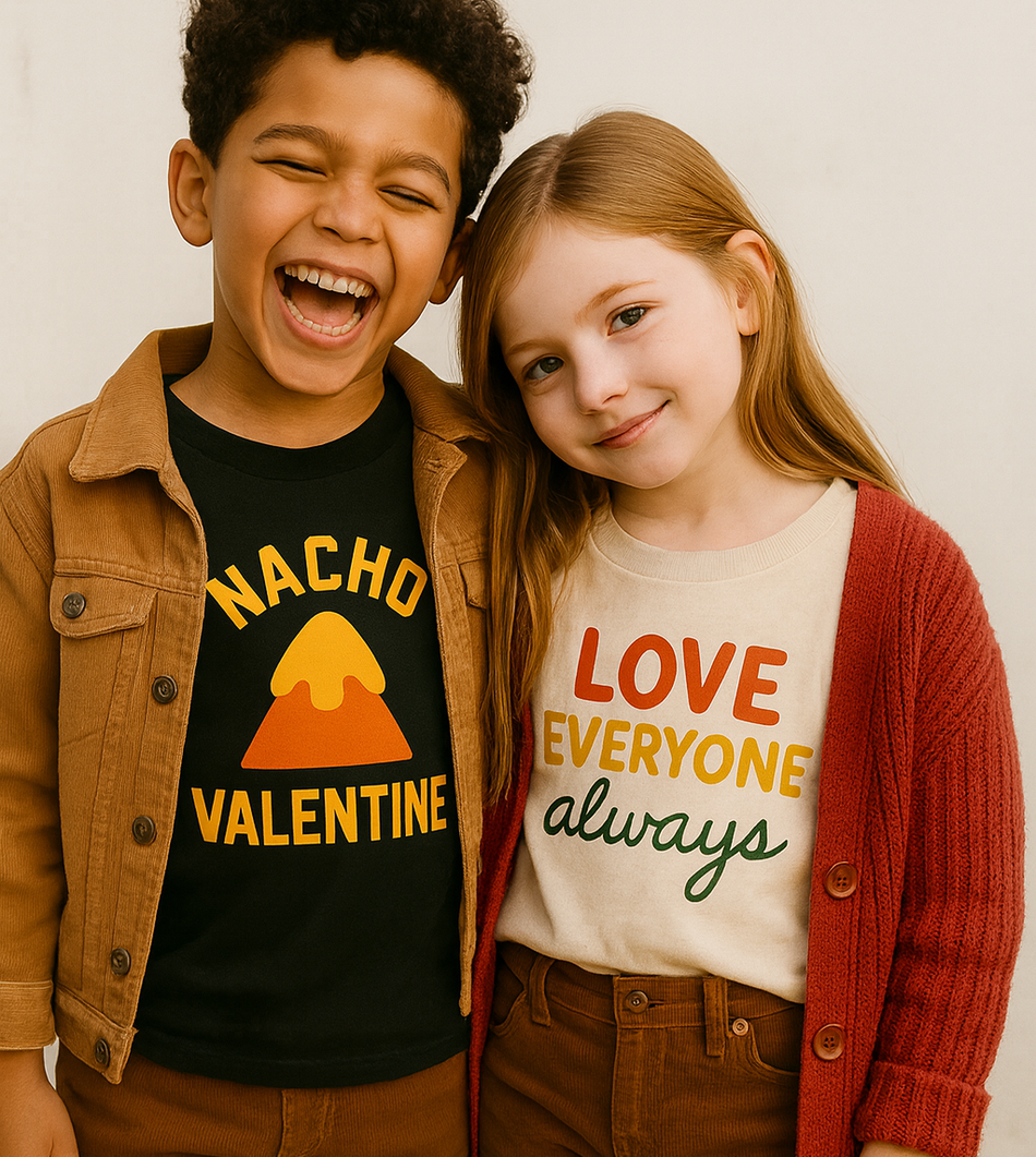 Two children wearing Valentine-themed shirts with a plain background