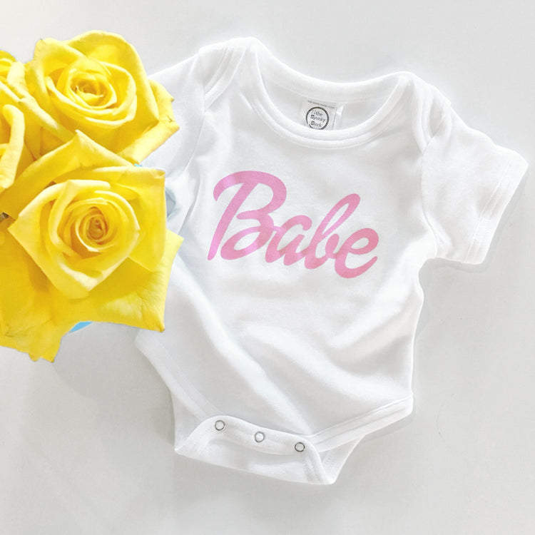 barbie pink font text cursive organic cotton baby girl onesie toddler graphic tee shirt
