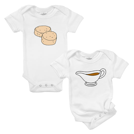biscuits & gravy country breakfast funny cute unisex baby girl boy onesie food foodie twin set newborn shower gift