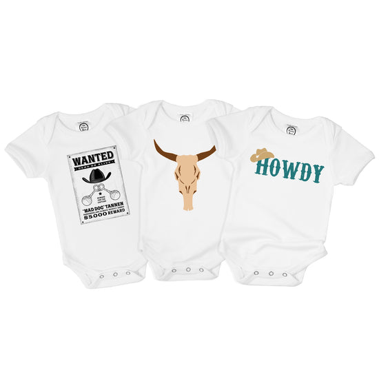 Cowboy Wanted Western Organic Cotton Baby Bodysuit Toddler TShirt Gift Set of 3