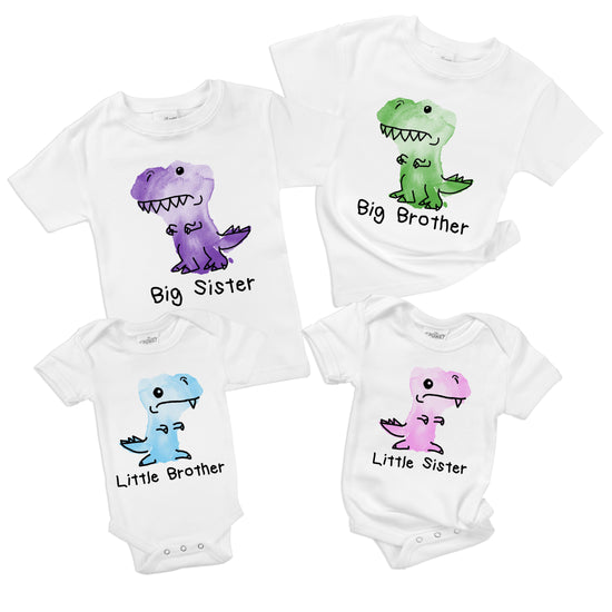 watercolor dinosaurs trex organic cotton big sister little brother matching baby onesie toddler shirt sibling set