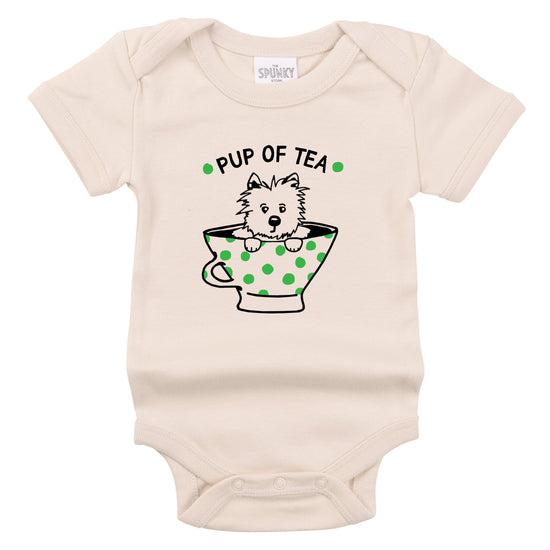 pup tea cup funny british teatime afternoon baby onesie toddle graphic tee shirt with sayings