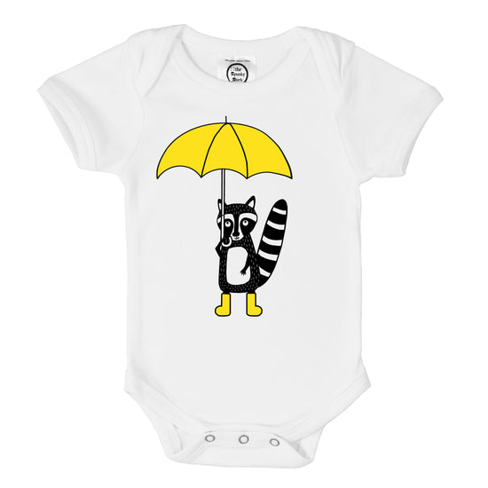 cute raccoon with yellow umbrella unisex boy or girl organic baby onesie toddler youth graphic animal tee shirt
