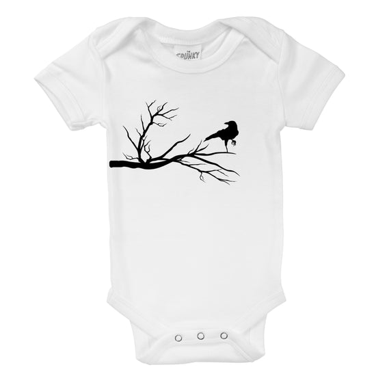 raven on a branch organic cotton minimalist halloween baby onesie toddler shirt inspired by the edgar allen poe poem