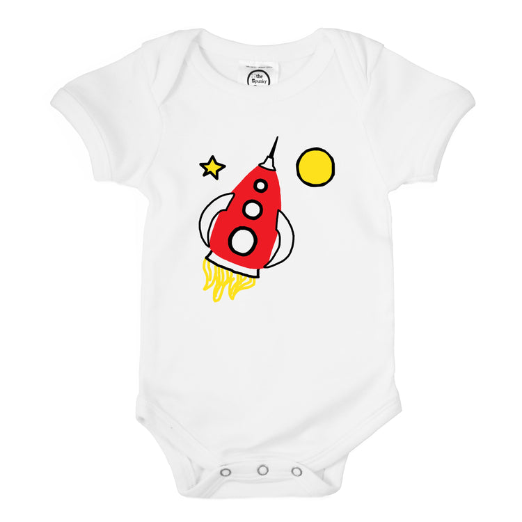 red rocketship organic cotton outer space baby onesie toddler shirt