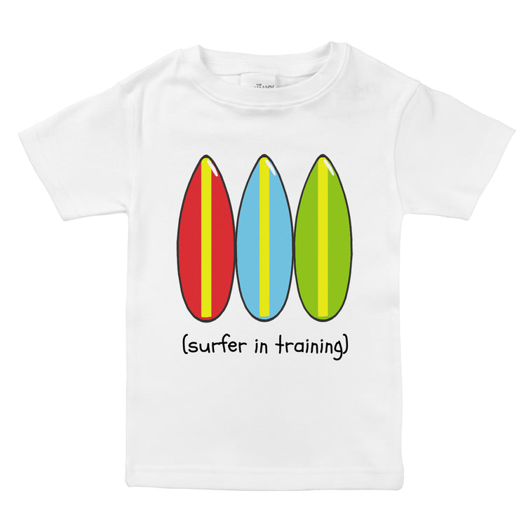 surfer in training organic cotton surfboard baby onesie toddler shirt