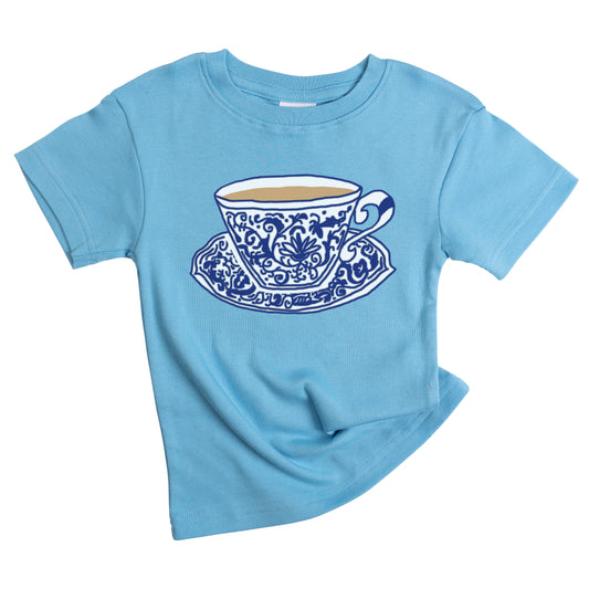 afternoon high tea english chai tea party with blue white porcelain cup organic baby girl onesie toddler youth kid graphic tee birthday shirt