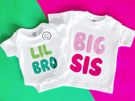 big brother little sister colorful letters typography organic cotton matching sibling shirt set