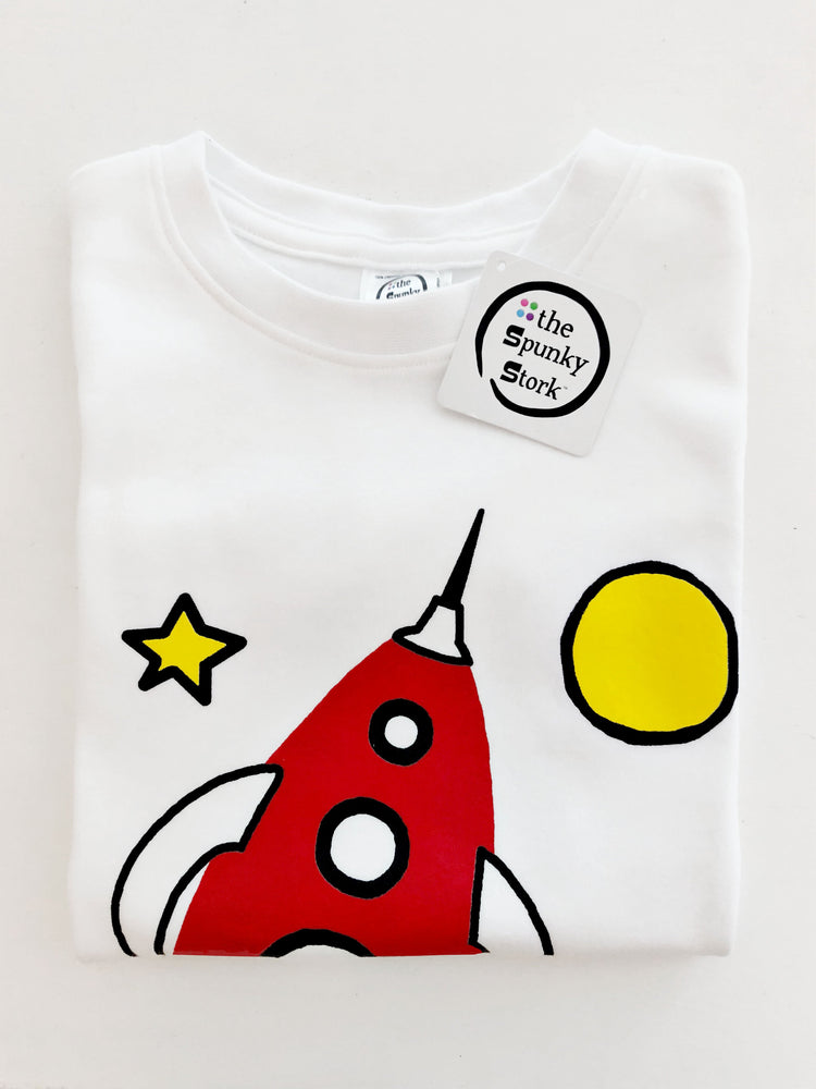 red rocketship organic cotton outer space baby onesie toddler shirt